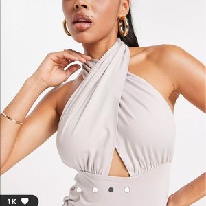 NEW ASOS DESIGN halter cross front mini dress in stone